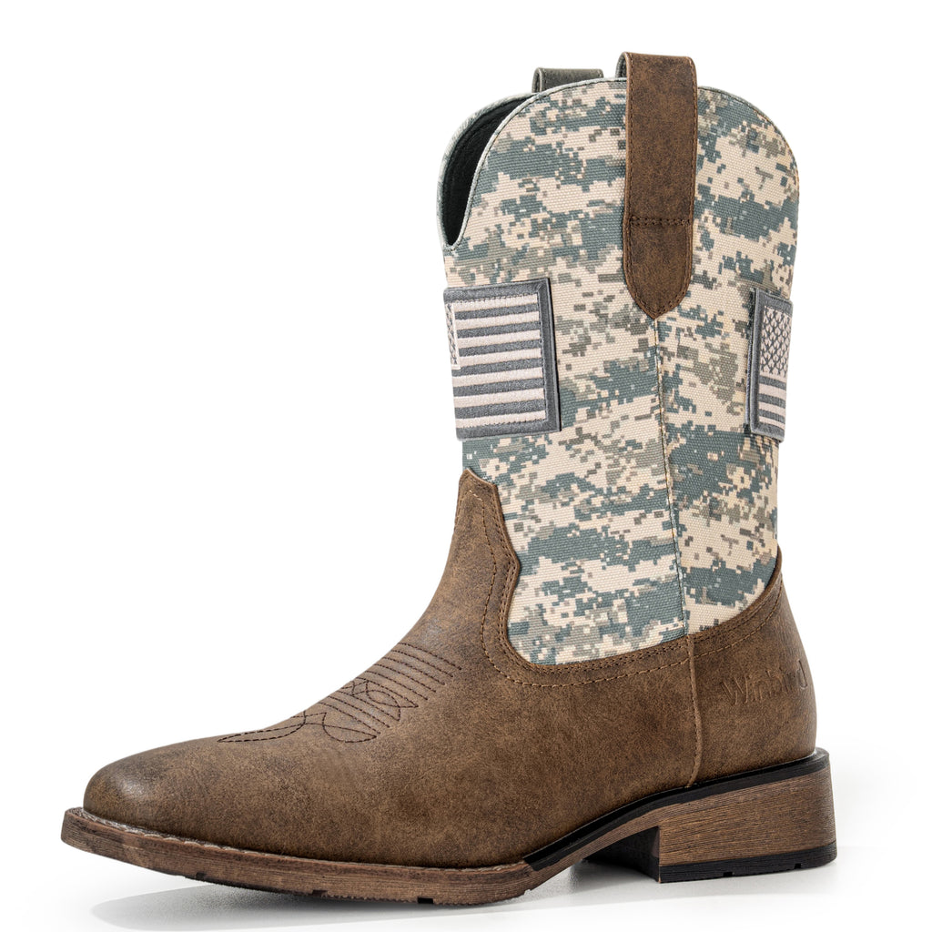 Winbird Cowboy Boots For Men - Square Toe Western Mens Slip on Patriot Boots with National Flag Patch, Slip Resistant Classic Pull On Short Country Chunky Heel Boot