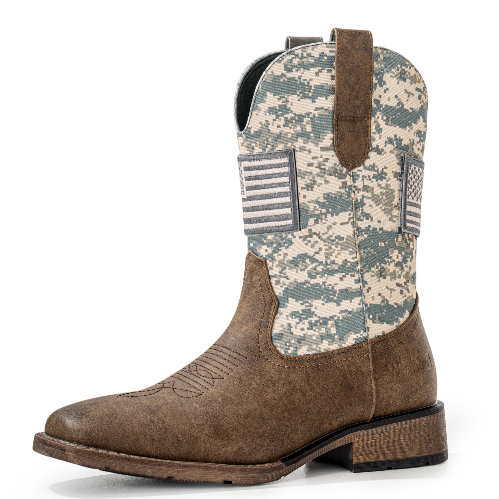 Winbird Cowboy Boots For Men - Square Toe Western Mens Slip on Patriot Boots with National Flag Patch, Slip Resistant Classic Pull On Short Country Chunky Heel Boot