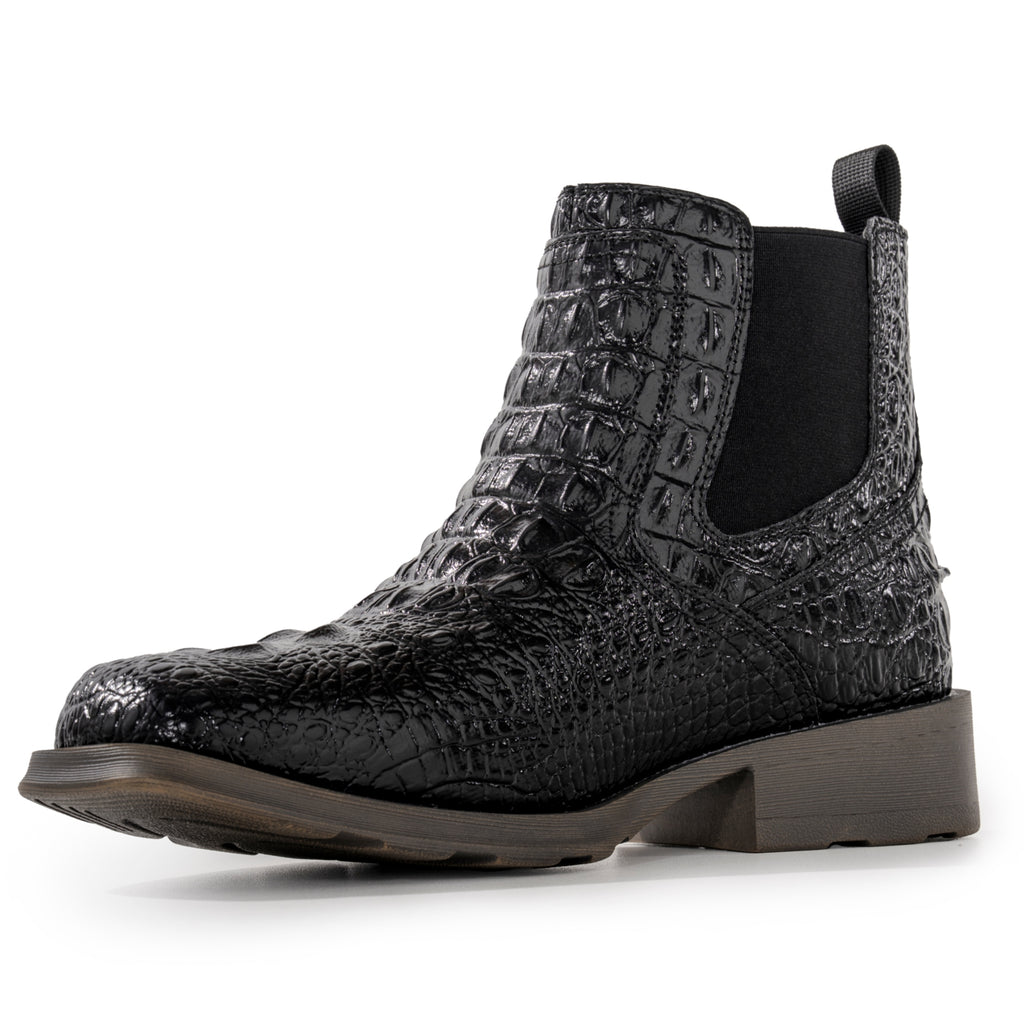 WINBIRD Cowboy Boots for Men Square Toe Faux Crocodile Western Chelsea Boots Slip on Ankle Boots Casual Mens Dress Shoes