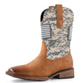 Winbird Cowboy Boots For Men - Square Toe Western Mens Slip on Patriot Boots with National Flag Patch, Slip Resistant Classic Pull On Short Country Chunky Heel Boot