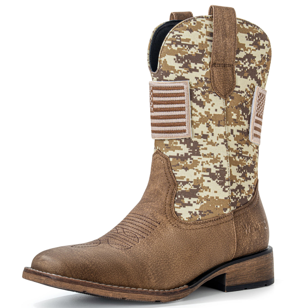 Winbird Cowboy Boots For Men - Square Toe Western Mens Slip on Patriot Boots with National Flag Patch, Slip Resistant Classic Pull On Short Country Chunky Heel Boot