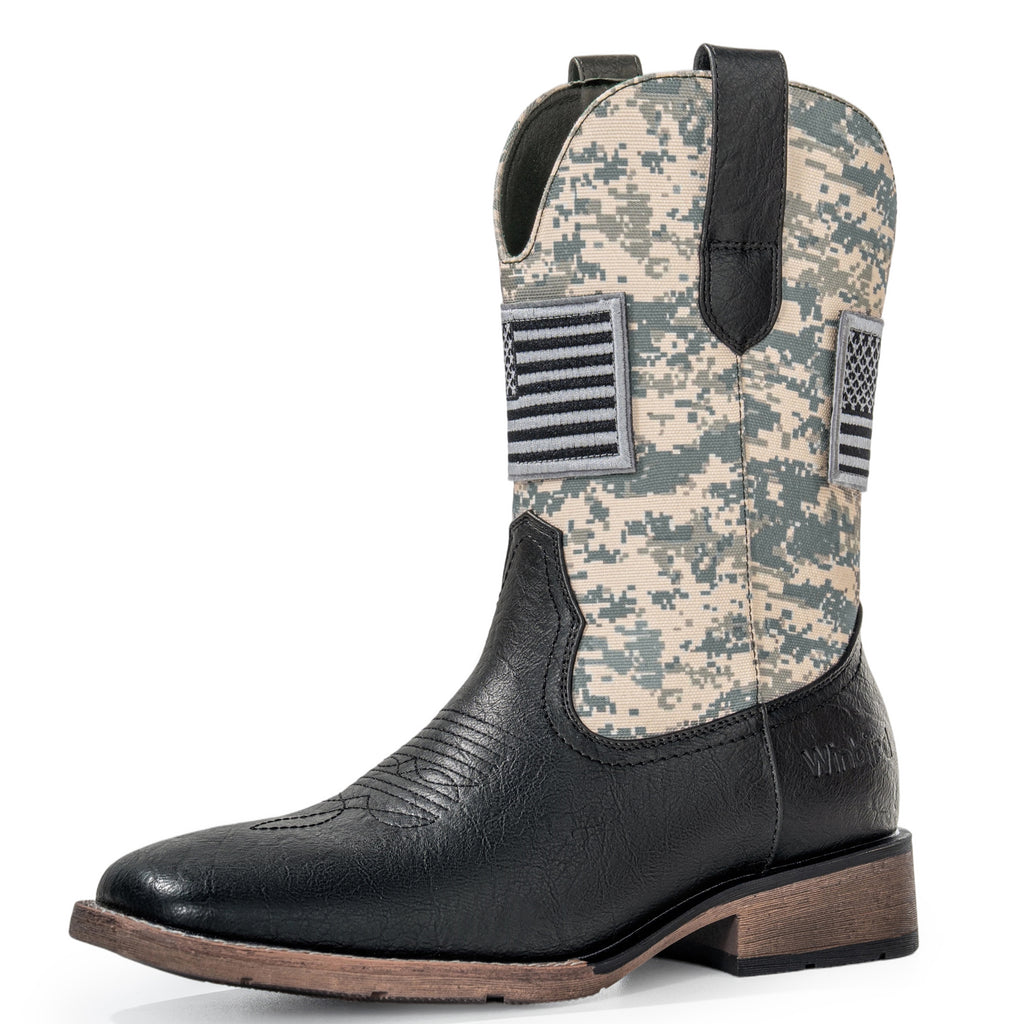Winbird Cowboy Boots For Men - Square Toe Western Mens Slip on Patriot Boots with National Flag Patch, Slip Resistant Classic Pull On Short Country Chunky Heel Boot