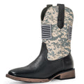 Winbird Cowboy Boots For Men - Square Toe Western Mens Slip on Patriot Boots with National Flag Patch, Slip Resistant Classic Pull On Short Country Chunky Heel Boot