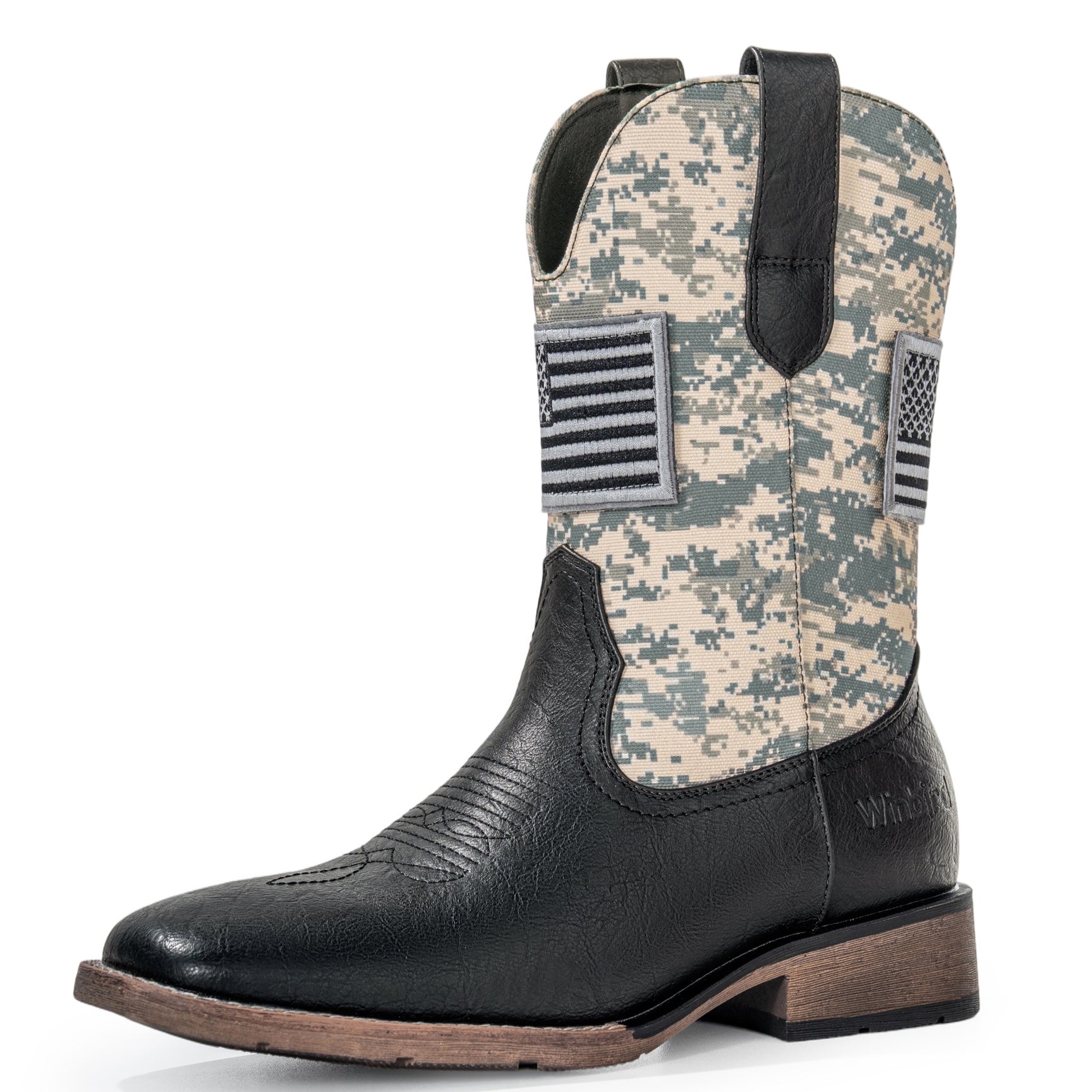 Winbird Cowboy Boots For Men - Square Toe Western Mens Slip on Patriot Boots with National Flag Patch, Slip Resistant Classic Pull On Short Country Chunky Heel Boot