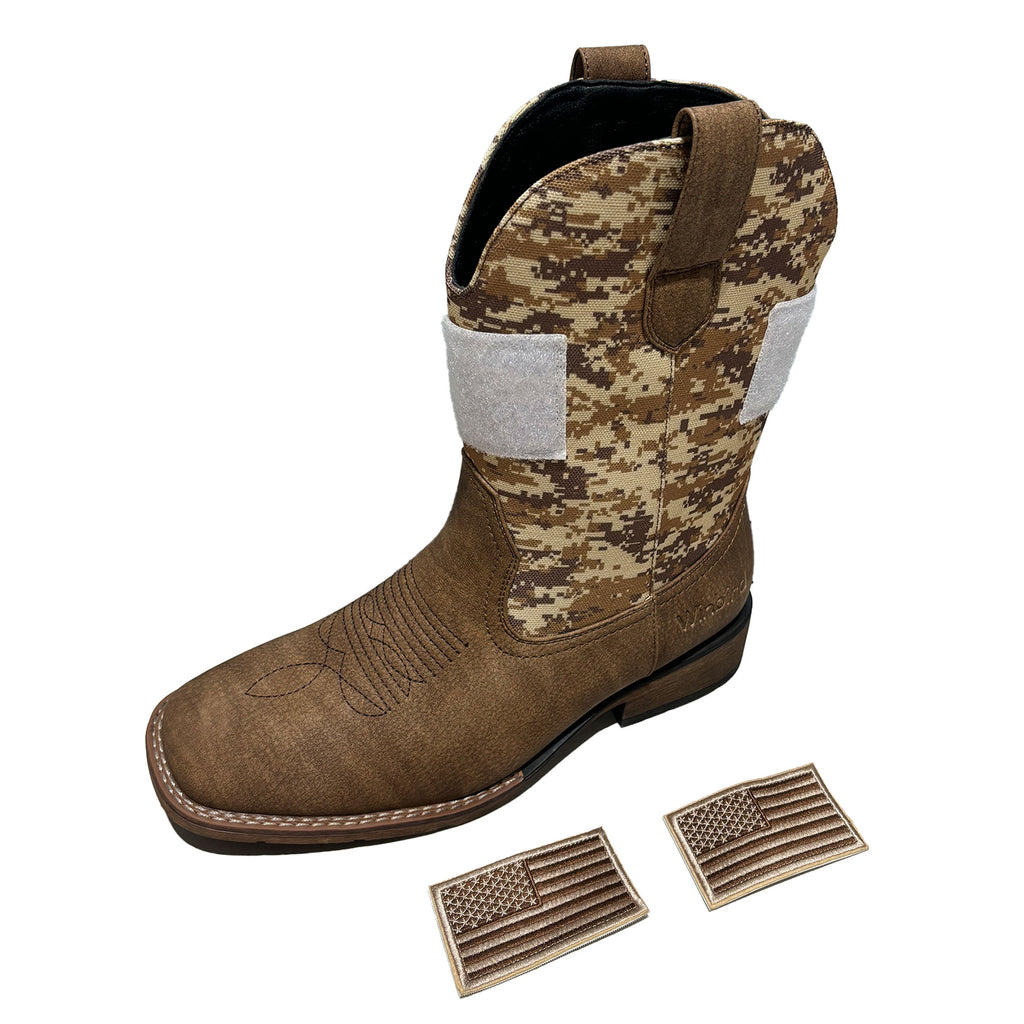 Winbird Cowboy Boots For Men - Square Toe Western Mens Slip on Patriot Boots with National Flag Patch, Slip Resistant Classic Pull On Short Country Chunky Heel Boot