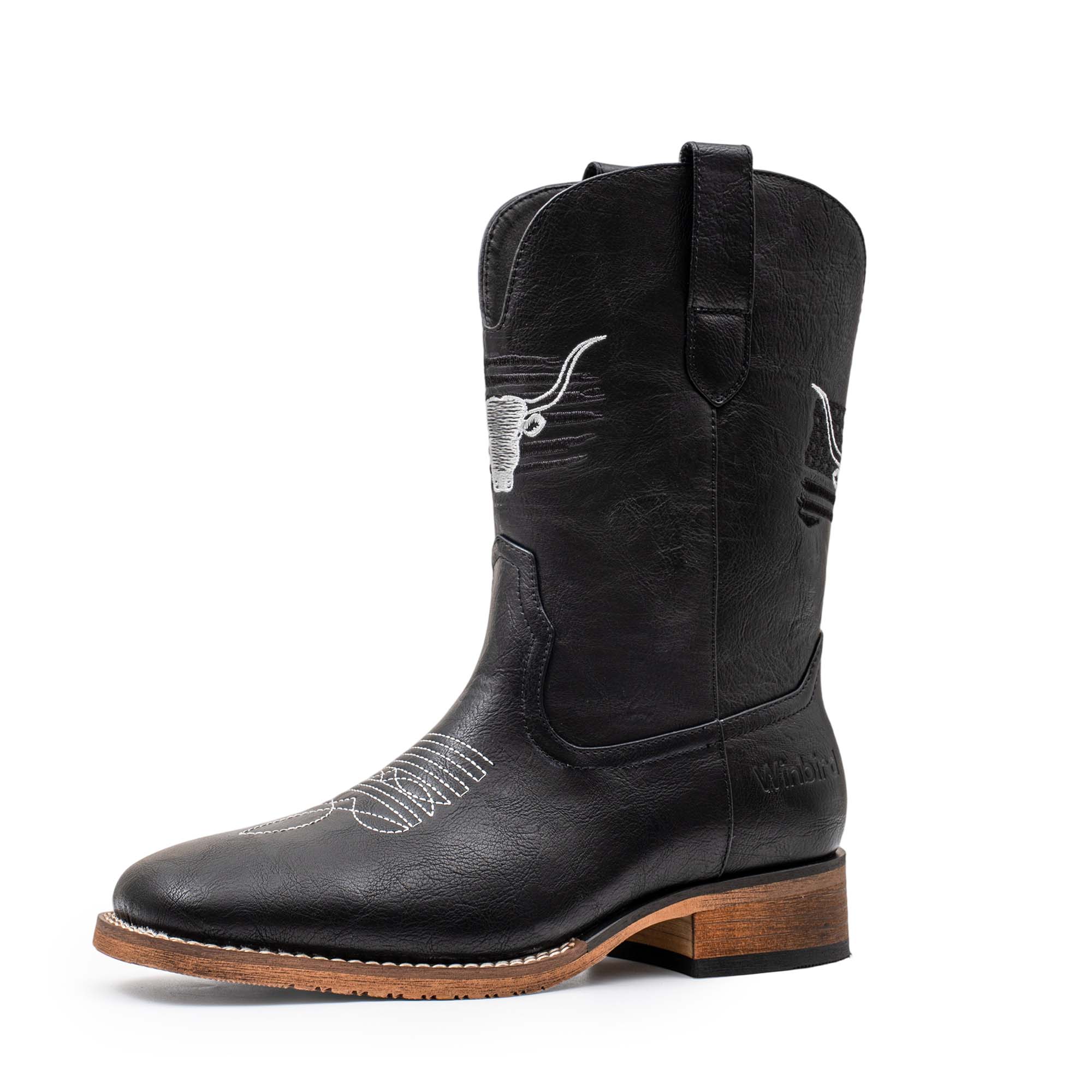 Winbird Cowboy Boots For Men Square Toe Western Men's Boots Vegan/Genuine Leather with Classic Patriot Pull On Boot