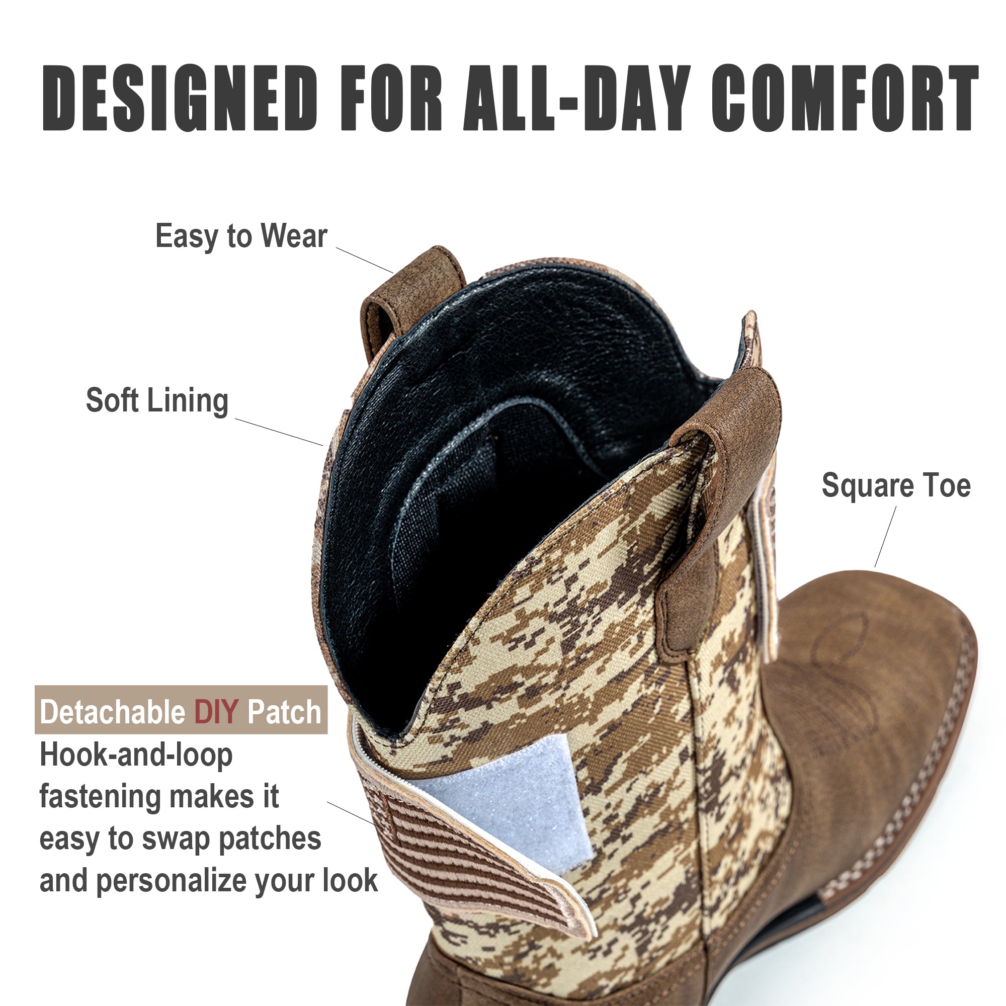 Winbird Cowboy Boots For Men - Square Toe Western Mens Slip on Patriot Boots with National Flag Patch, Slip Resistant Classic Pull On Short Country Chunky Heel Boot