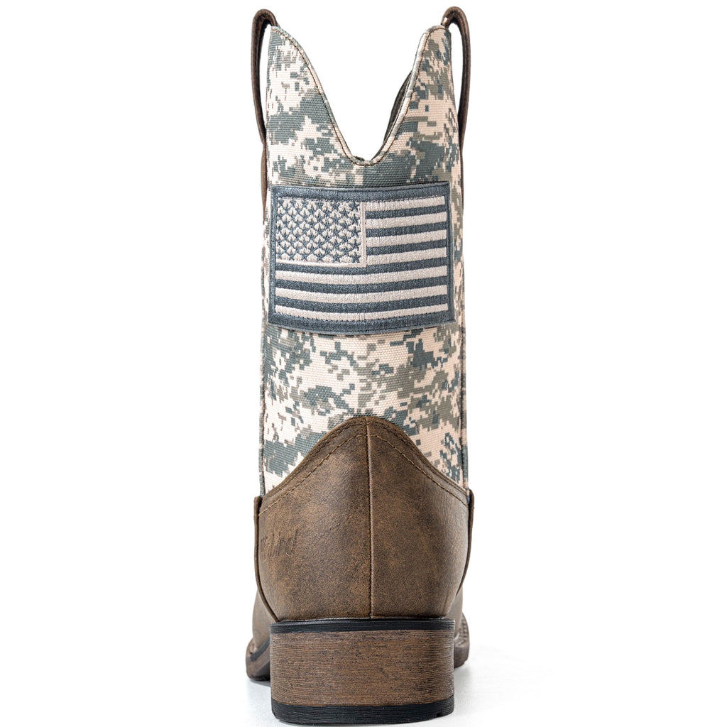 Winbird Cowboy Boots For Men - Square Toe Western Mens Slip on Patriot Boots with National Flag Patch, Slip Resistant Classic Pull On Short Country Chunky Heel Boot