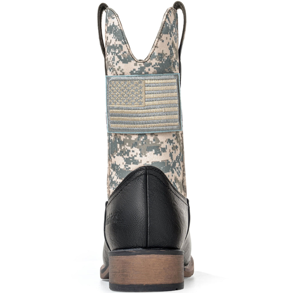 Winbird Cowboy Boots For Men - Square Toe Western Mens Slip on Patriot Boots with National Flag Patch, Slip Resistant Classic Pull On Short Country Chunky Heel Boot