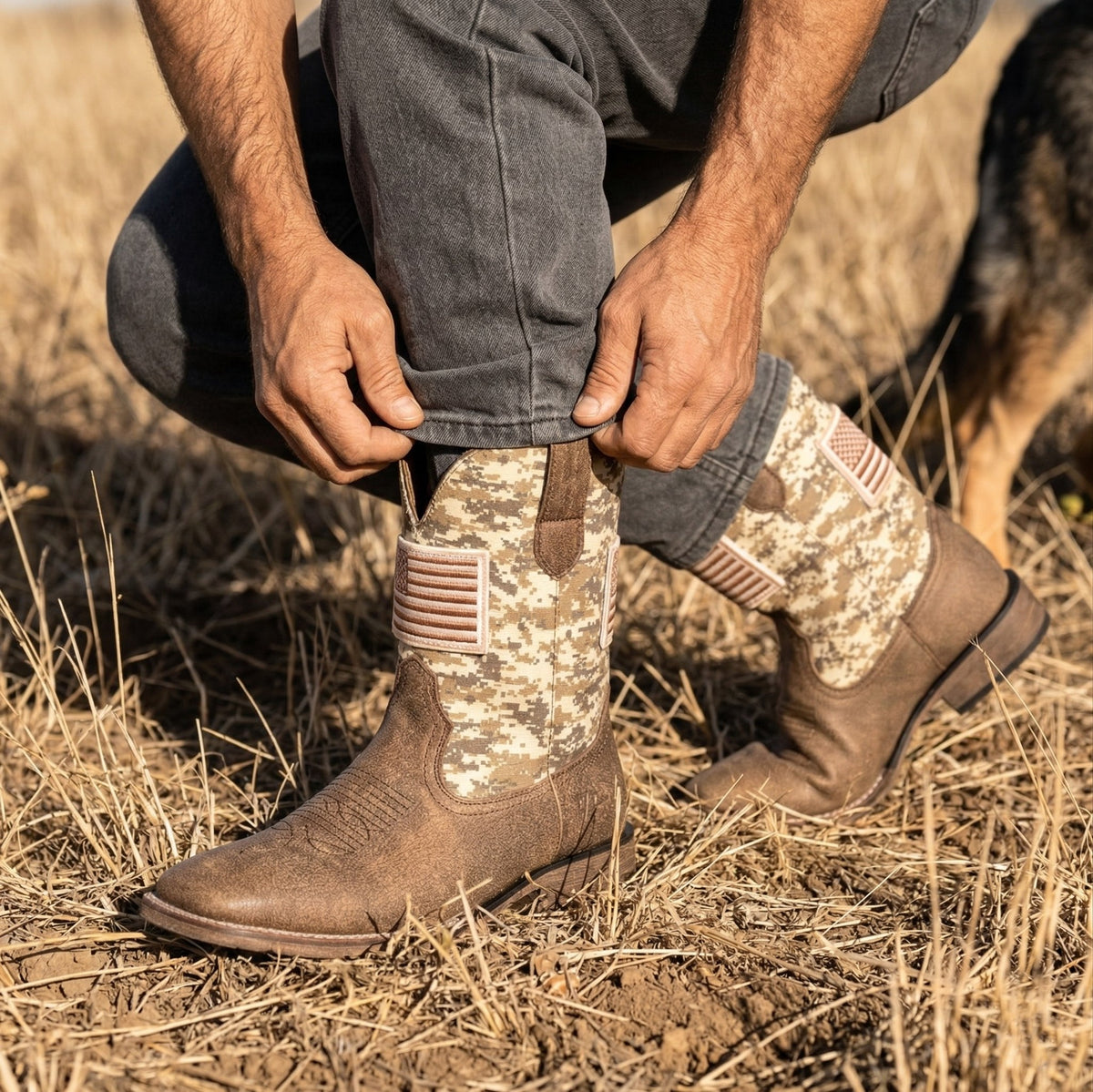 Winbird Cowboy Boots For Men - Square Toe Western Mens Slip on Patriot Boots with National Flag Patch, Slip Resistant Classic Pull On Short Country Chunky Heel Boot