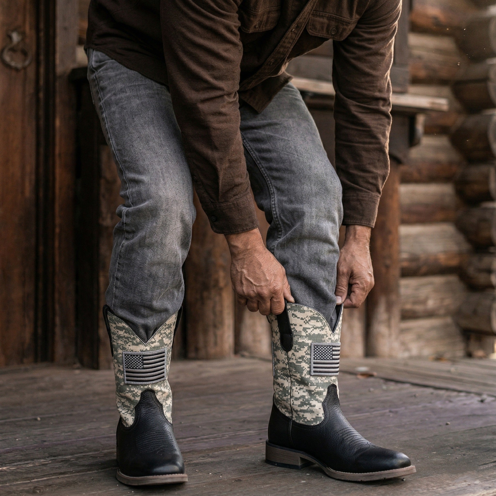 Winbird Cowboy Boots For Men - Square Toe Western Mens Slip on Patriot Boots with National Flag Patch, Slip Resistant Classic Pull On Short Country Chunky Heel Boot