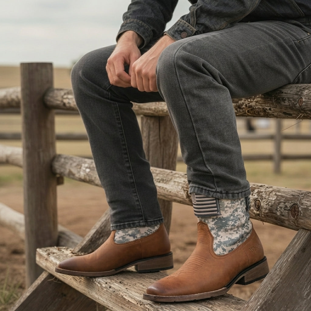 Winbird Cowboy Boots For Men - Square Toe Western Mens Slip on Patriot Boots with National Flag Patch, Slip Resistant Classic Pull On Short Country Chunky Heel Boot