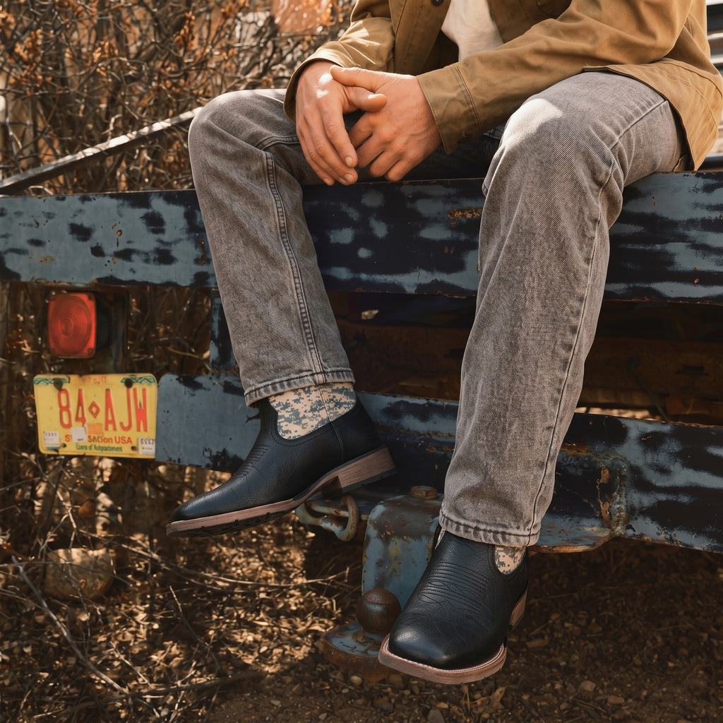 Winbird Cowboy Boots For Men - Square Toe Western Mens Slip on Patriot Boots with National Flag Patch, Slip Resistant Classic Pull On Short Country Chunky Heel Boot
