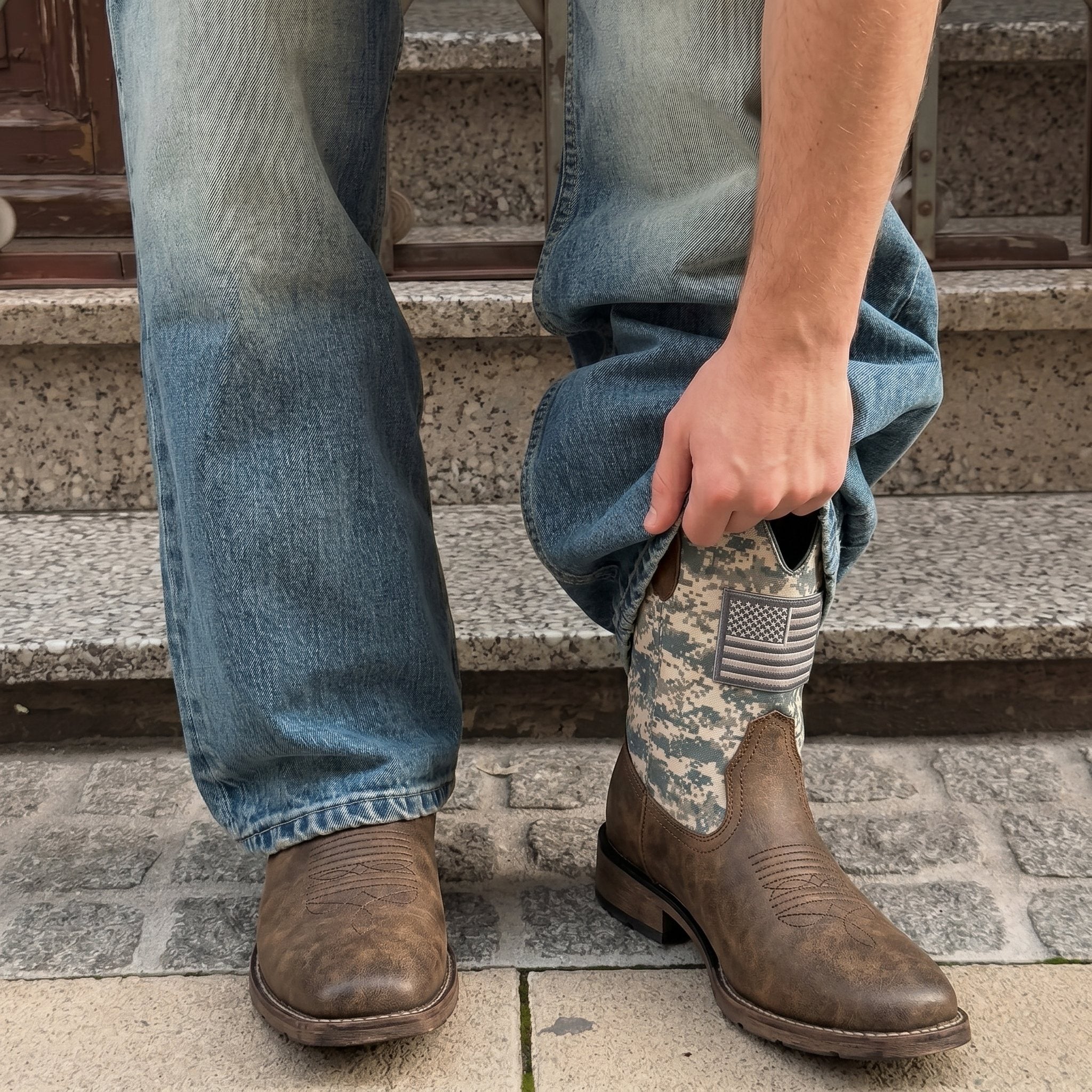 Winbird Cowboy Boots For Men - Square Toe Western Mens Slip on Patriot Boots with National Flag Patch, Slip Resistant Classic Pull On Short Country Chunky Heel Boot