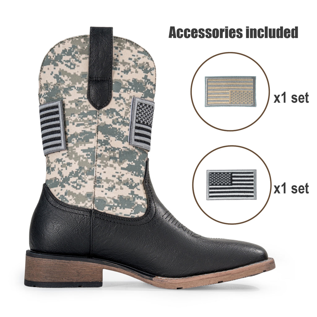 Winbird Cowboy Boots For Men - Square Toe Western Mens Slip on Patriot Boots with National Flag Patch, Slip Resistant Classic Pull On Short Country Chunky Heel Boot
