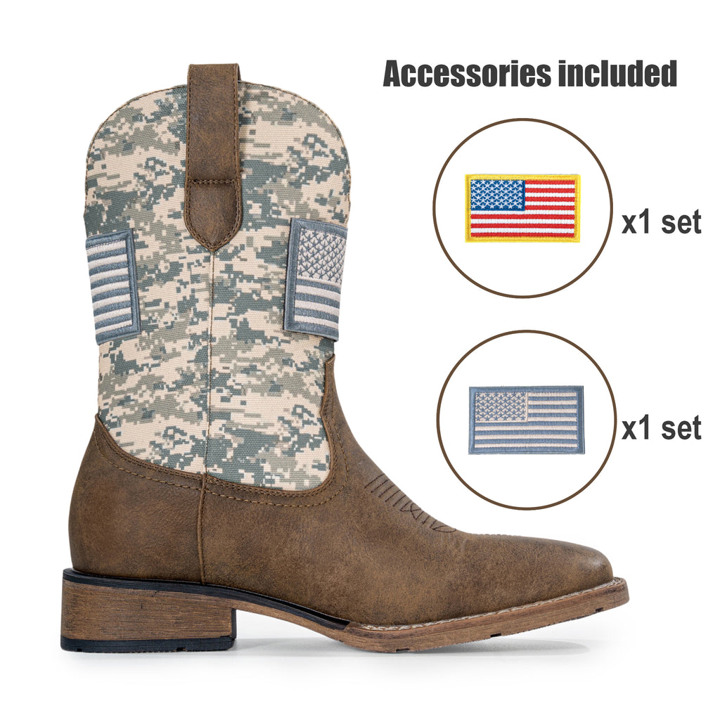 Winbird Cowboy Boots For Men - Square Toe Western Mens Slip on Patriot Boots with National Flag Patch, Slip Resistant Classic Pull On Short Country Chunky Heel Boot