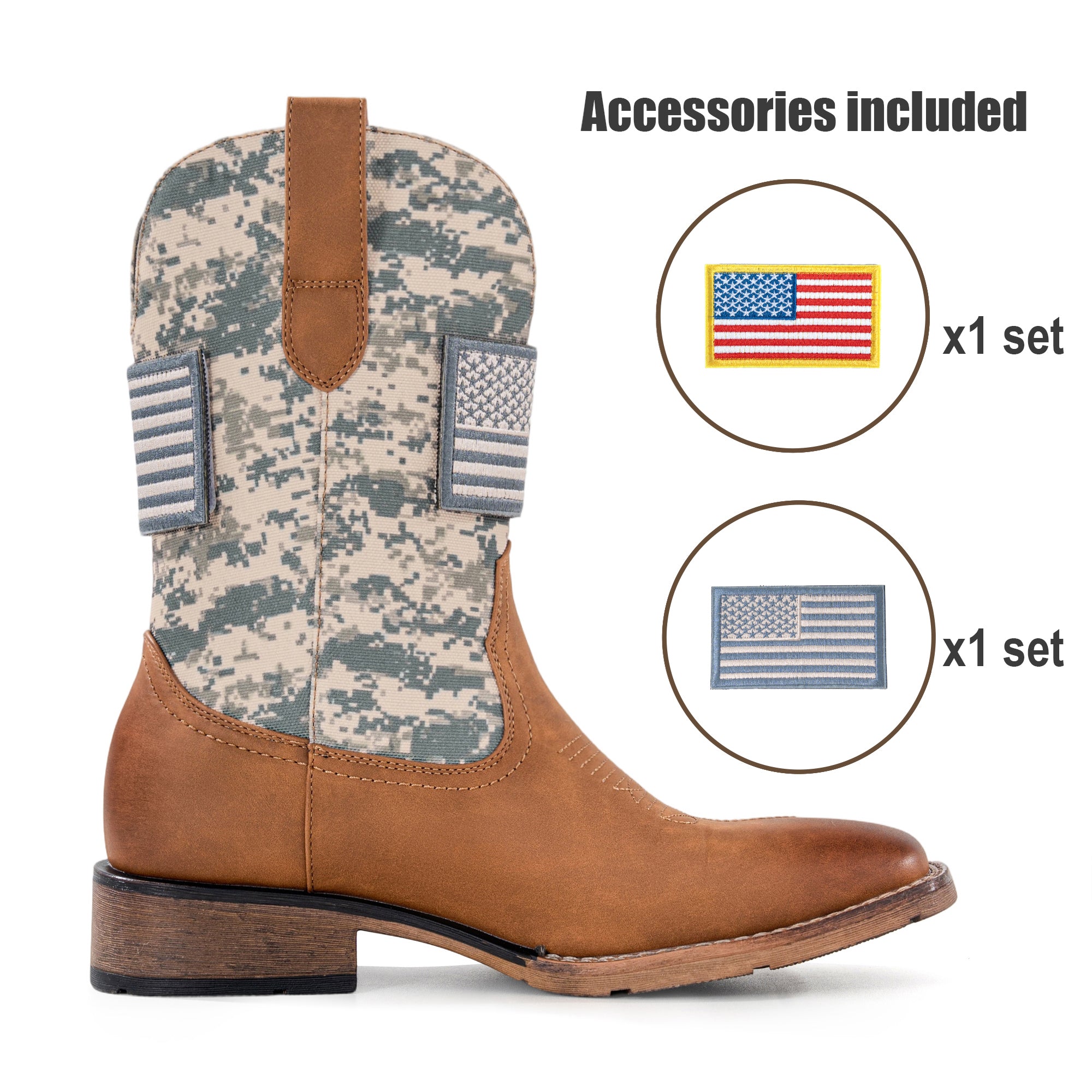 Winbird Cowboy Boots For Men - Square Toe Western Mens Slip on Patriot Boots with National Flag Patch, Slip Resistant Classic Pull On Short Country Chunky Heel Boot