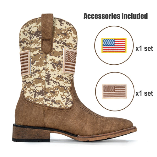 Winbird Cowboy Boots For Men - Square Toe Western Mens Slip on Patriot Boots with National Flag Patch, Slip Resistant Classic Pull On Short Country Chunky Heel Boot