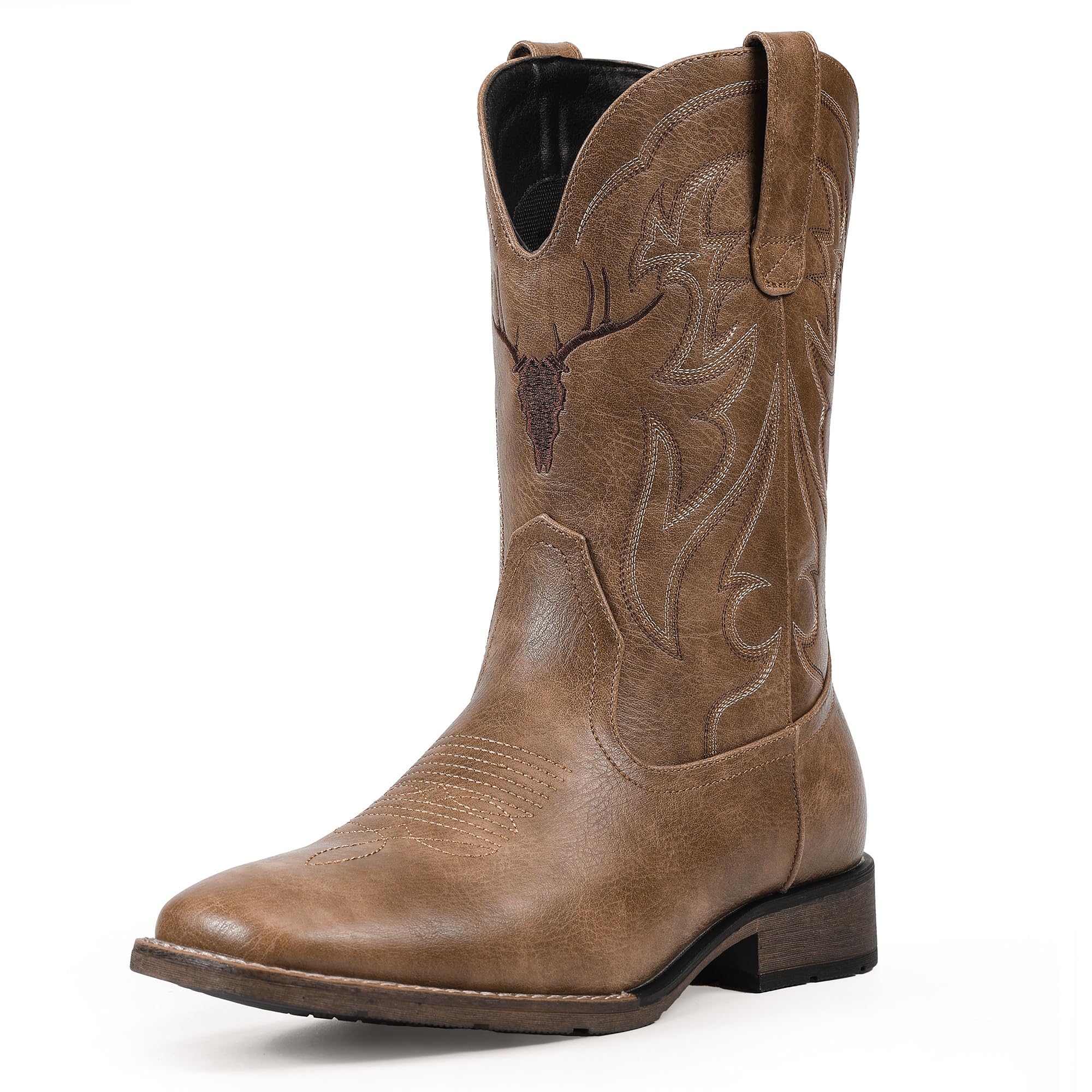 Winbird Cowboy Boots for Men Square Toe Western Boots Retro Classic Embroidered Pull On Boot for Festivals and Gift-giving