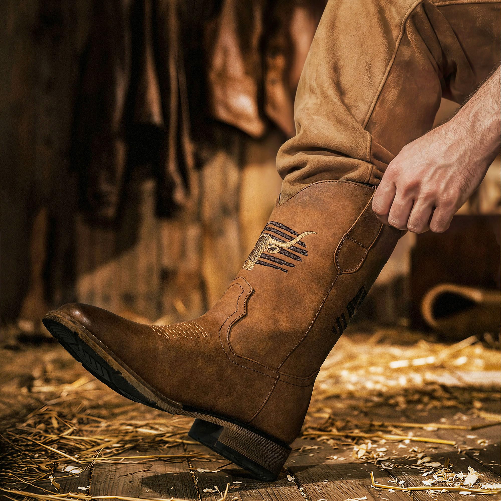 Winbird Cowboy Boots For Men Square Toe Western Men's Boots Vegan/Genuine Leather with Classic Patriot Pull On Boot