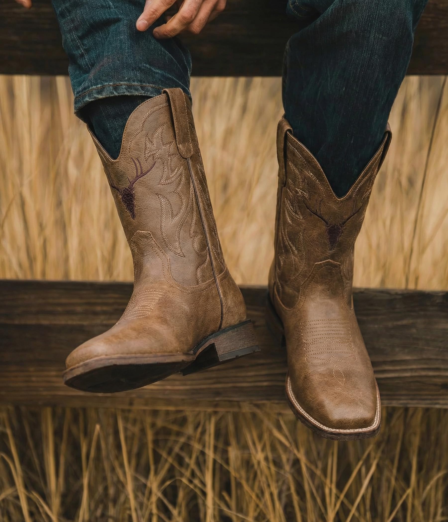 Winbird Cowboy Boots for Men Square Toe Western Boots Retro Classic Embroidered Pull On Boot for Festivals and Gift-giving