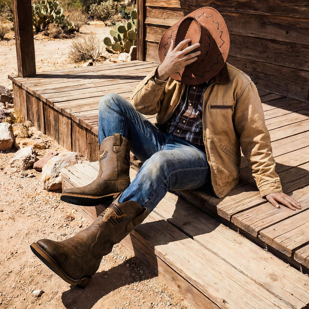 Winbird Cowboy Boots For Men Square Toe Western Men's Boots Vegan/Genuine Leather with Classic Patriot Pull On Boot