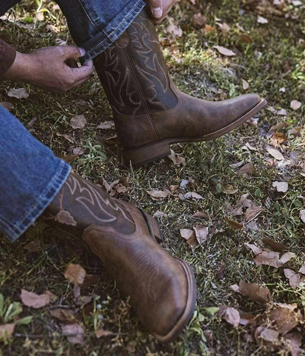 Winbird Cowboy Boots for Men Square Toe Western Boots Retro Classic Embroidered Pull On Boot for Festivals and Gift-giving