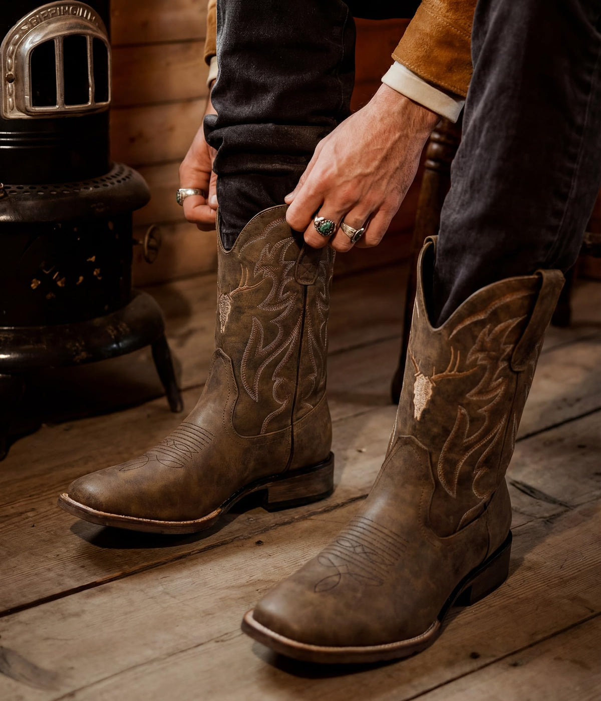 Winbird Cowboy Boots for Men Square Toe Western Boots Retro Classic Embroidered Pull On Boot for Festivals and Gift-giving