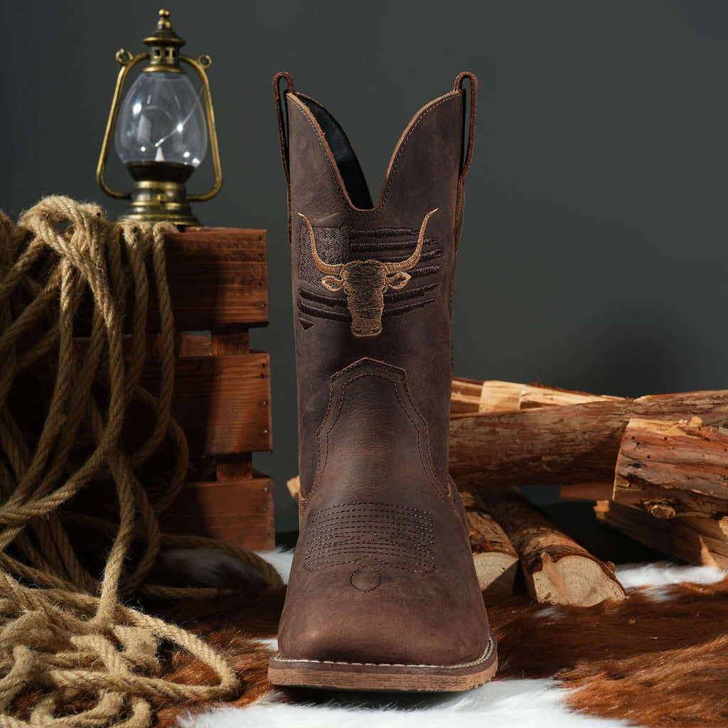 Winbird Cowboy Boots For Men Square Toe Western Men's Boots Vegan/Genuine Leather with Classic Patriot Pull On Boot