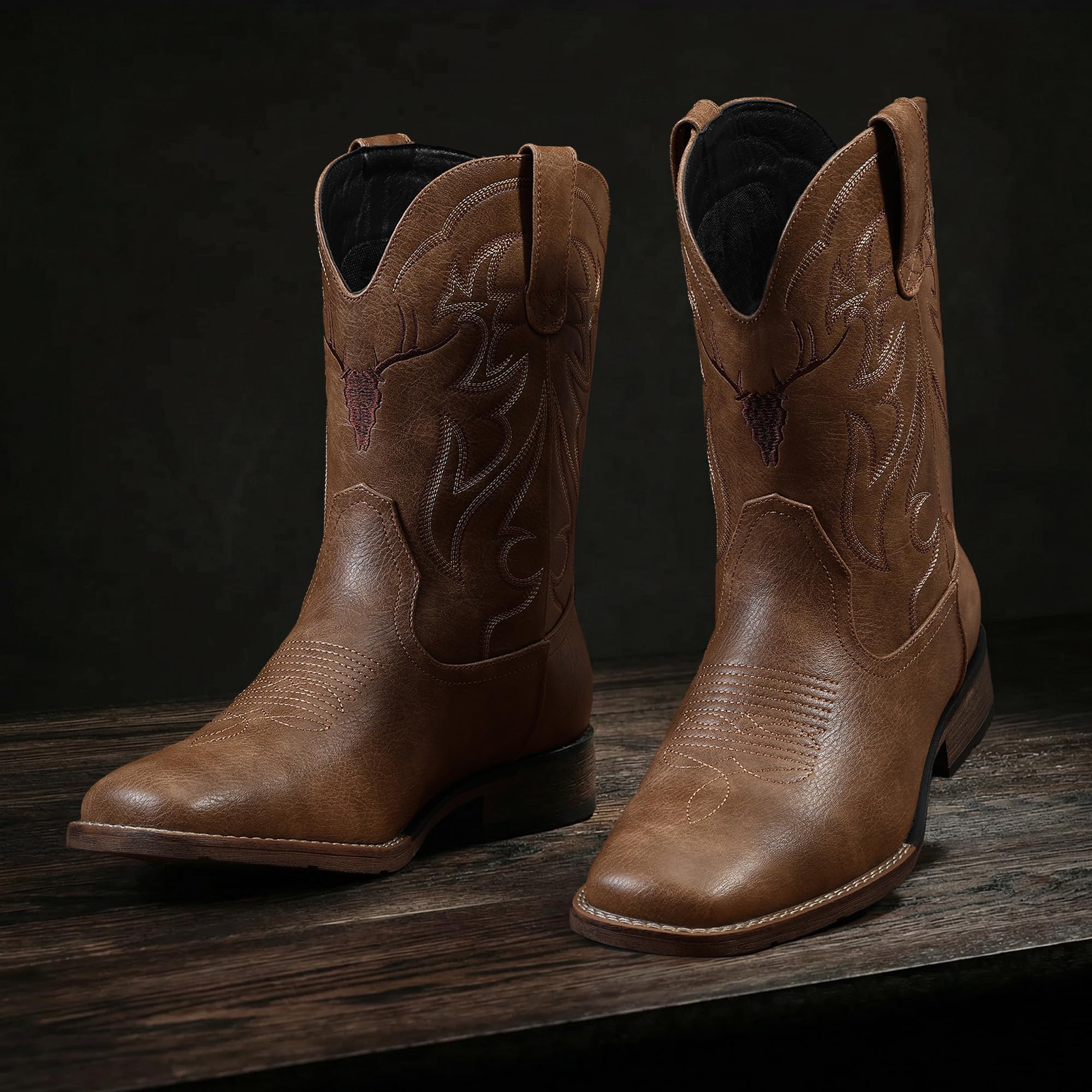Winbird Cowboy Boots for Men Square Toe Western Boots Retro Classic Embroidered Pull On Boot for Festivals and Gift-giving