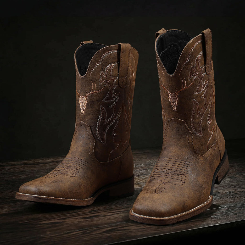 Winbird Cowboy Boots for Men Square Toe Western Boots Retro Classic Embroidered Pull On Boot for Festivals and Gift-giving