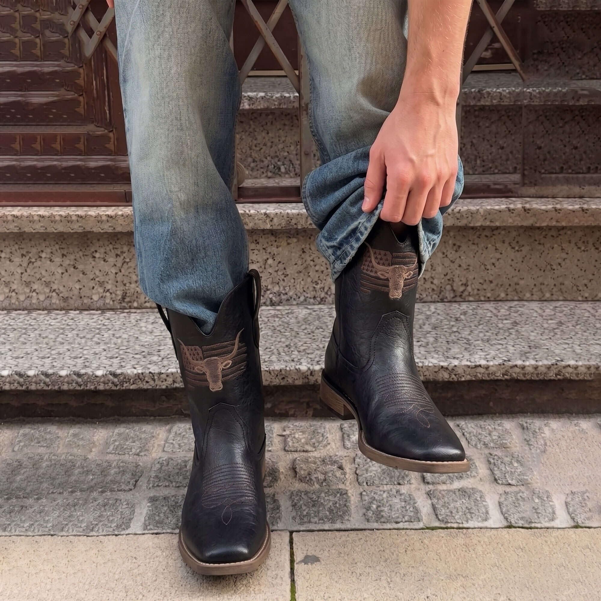 Winbird Cowboy Boots For Men Square Toe Western Men's Boots Vegan/Genuine Leather with Classic Patriot Pull On Boot
