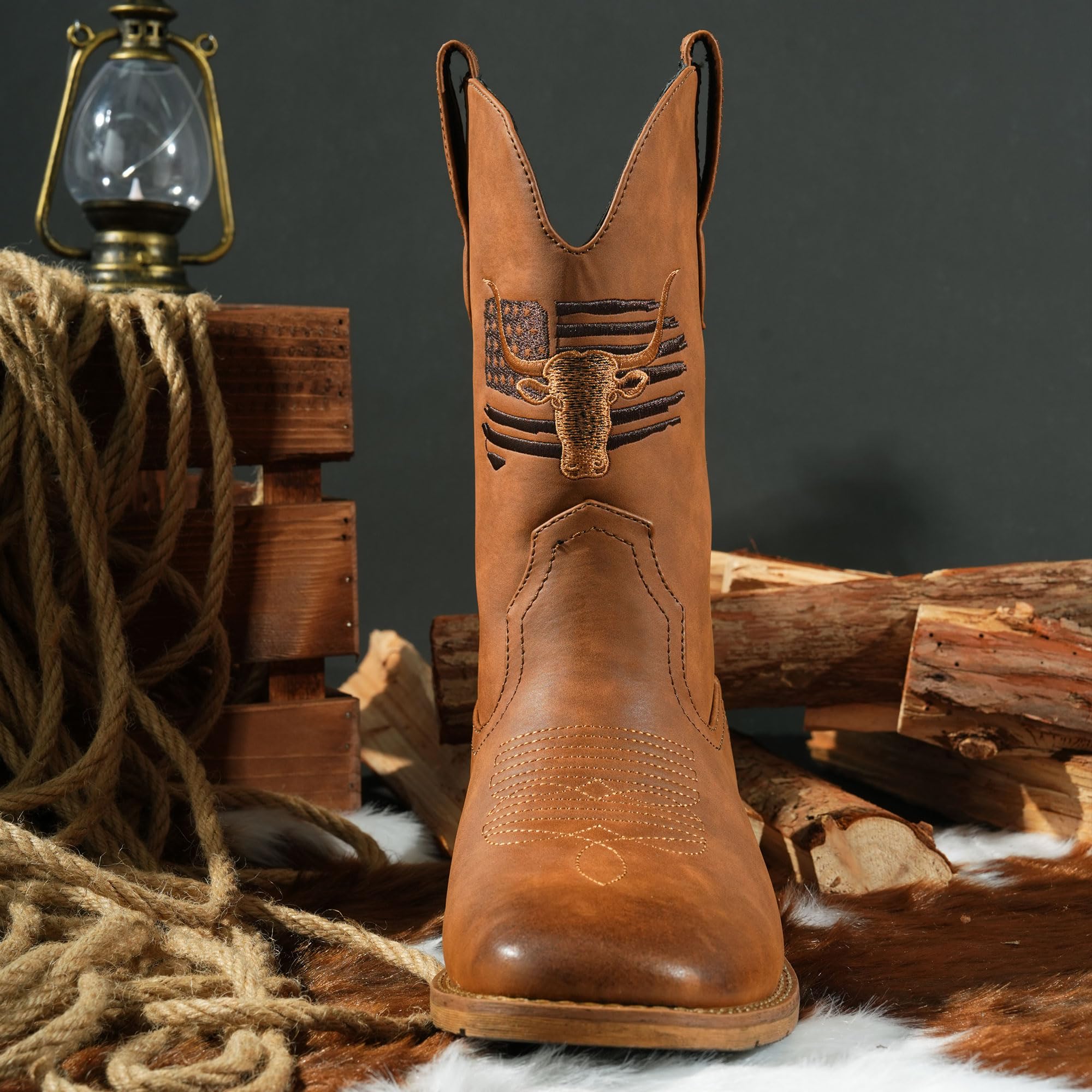 Winbird Cowboy Boots For Men Square Toe Western Men's Boots Vegan/Genuine Leather with Classic Patriot Pull On Boot