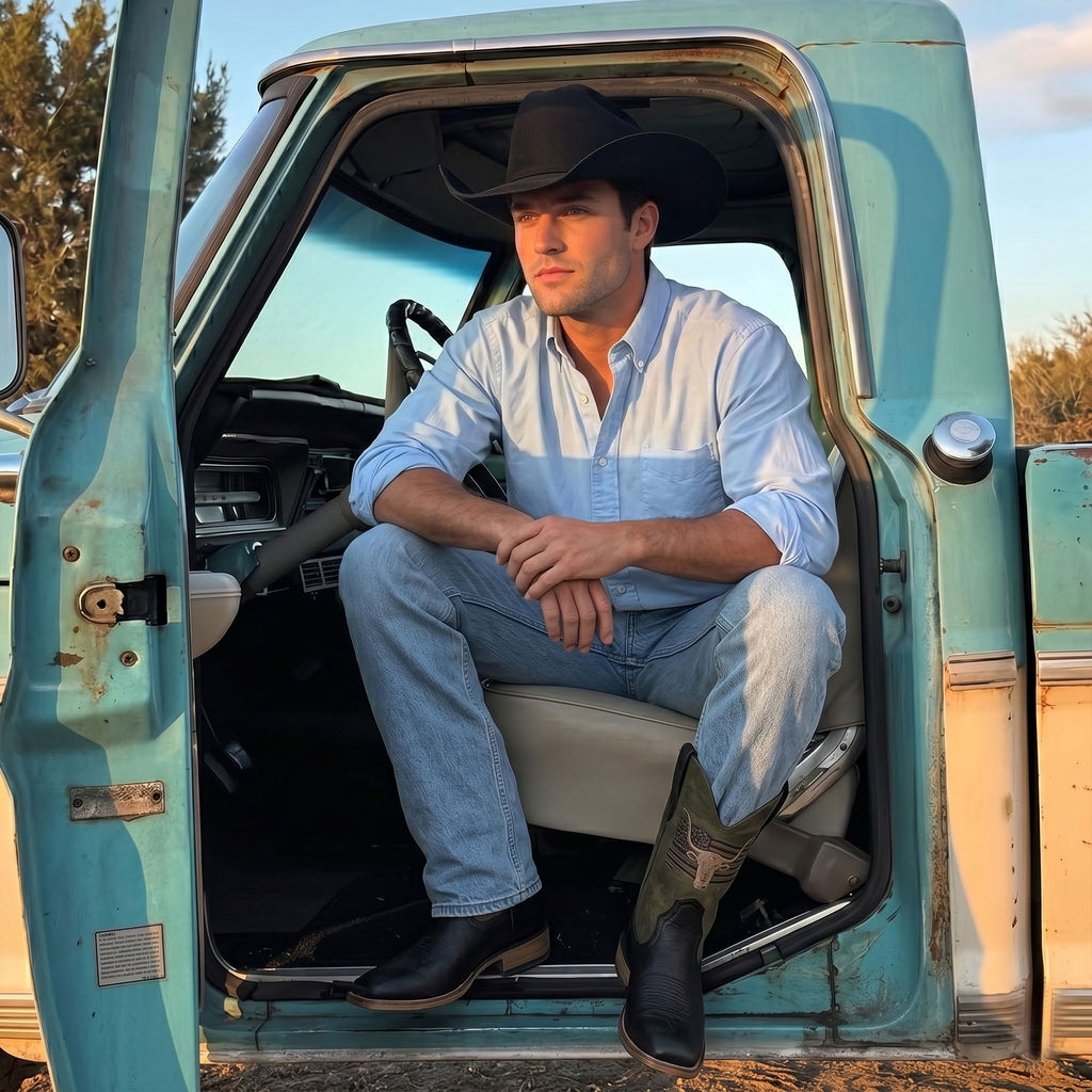 Winbird Cowboy Boots For Men Square Toe Western Men's Boots Vegan/Genuine Leather with Classic Patriot Pull On Boot