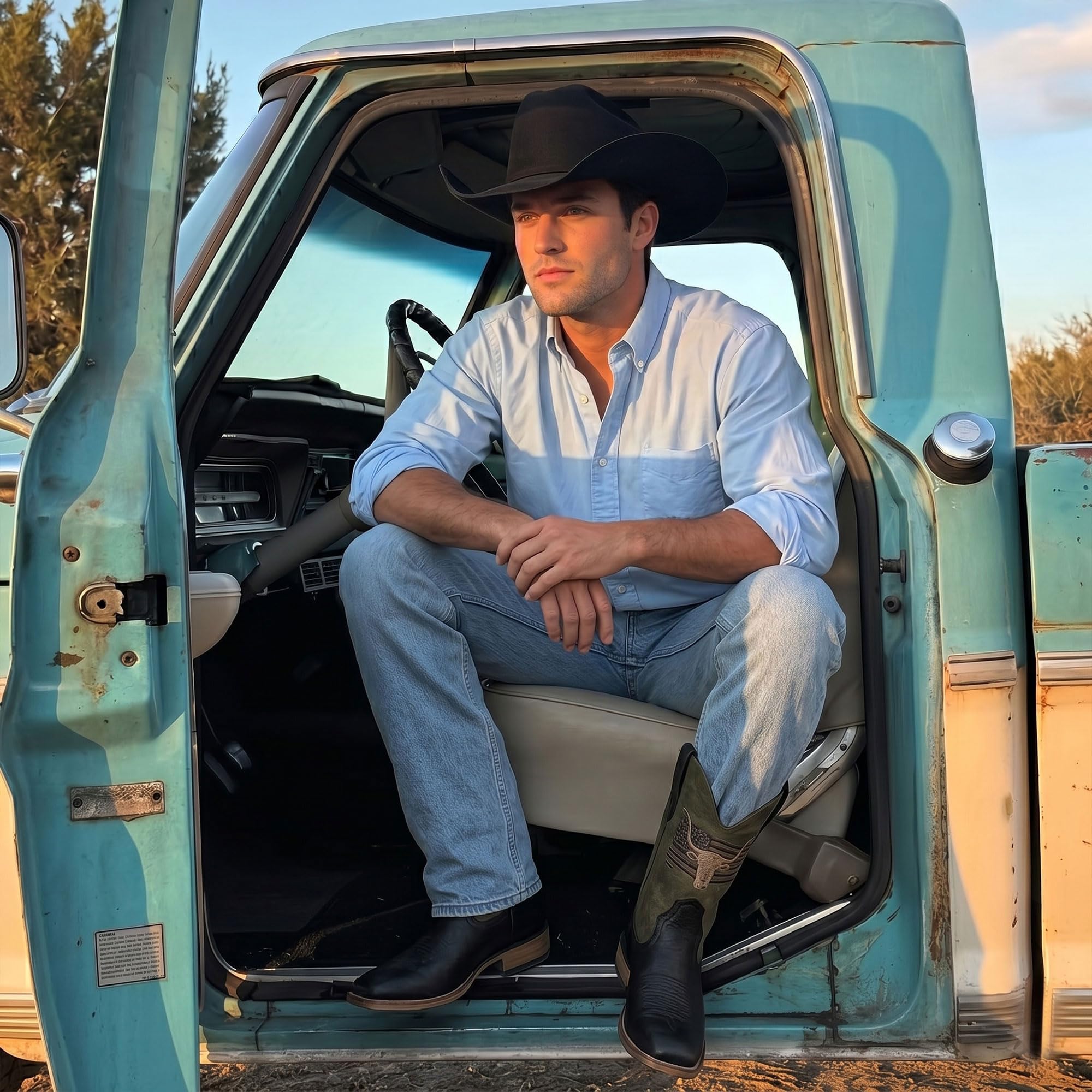 Winbird Cowboy Boots For Men Square Toe Western Men's Boots Vegan/Genuine Leather with Classic Patriot Pull On Boot