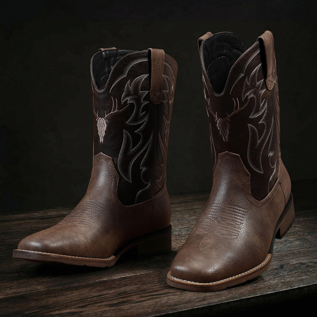 Winbird Cowboy Boots for Men Square Toe Western Boots Retro Classic Embroidered Pull On Boot for Festivals and Gift-giving