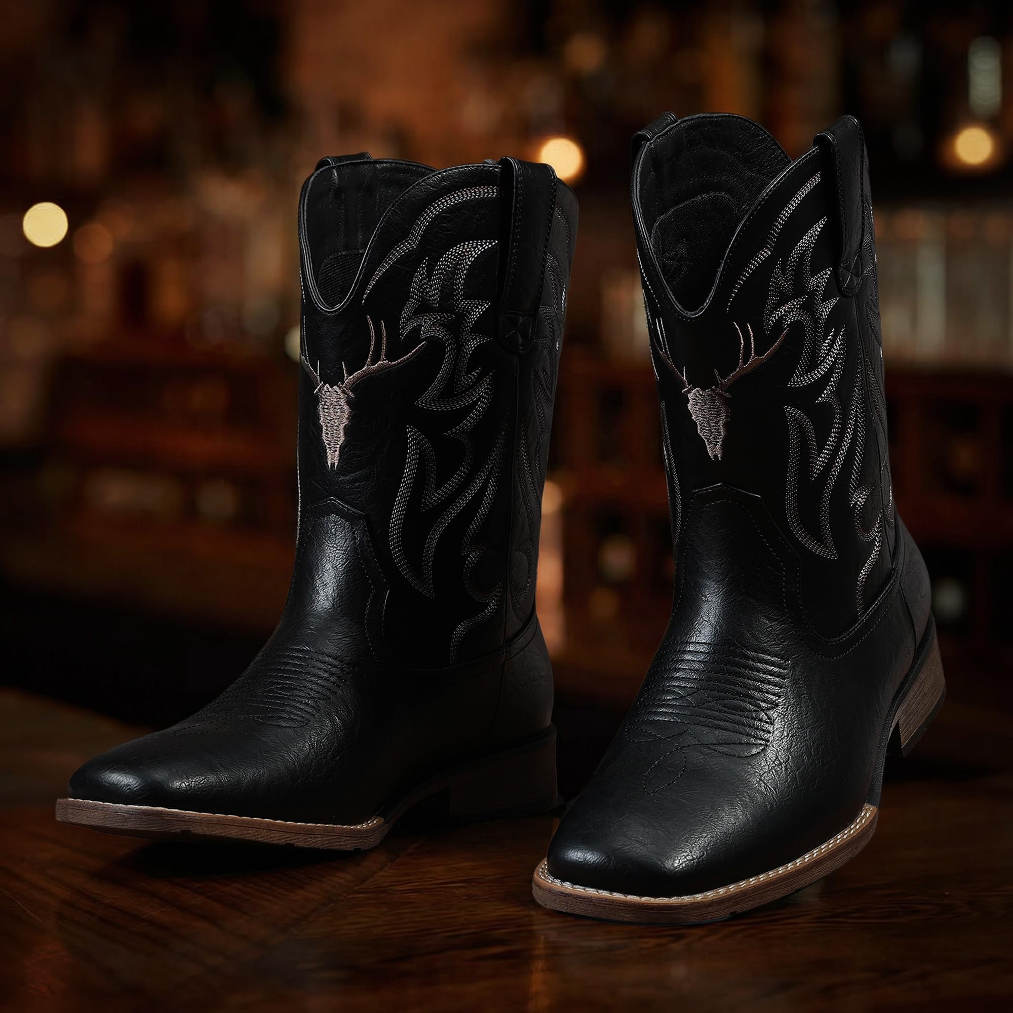 Winbird Cowboy Boots for Men Square Toe Western Boots Retro Classic Embroidered Pull On Boot for Festivals and Gift-giving