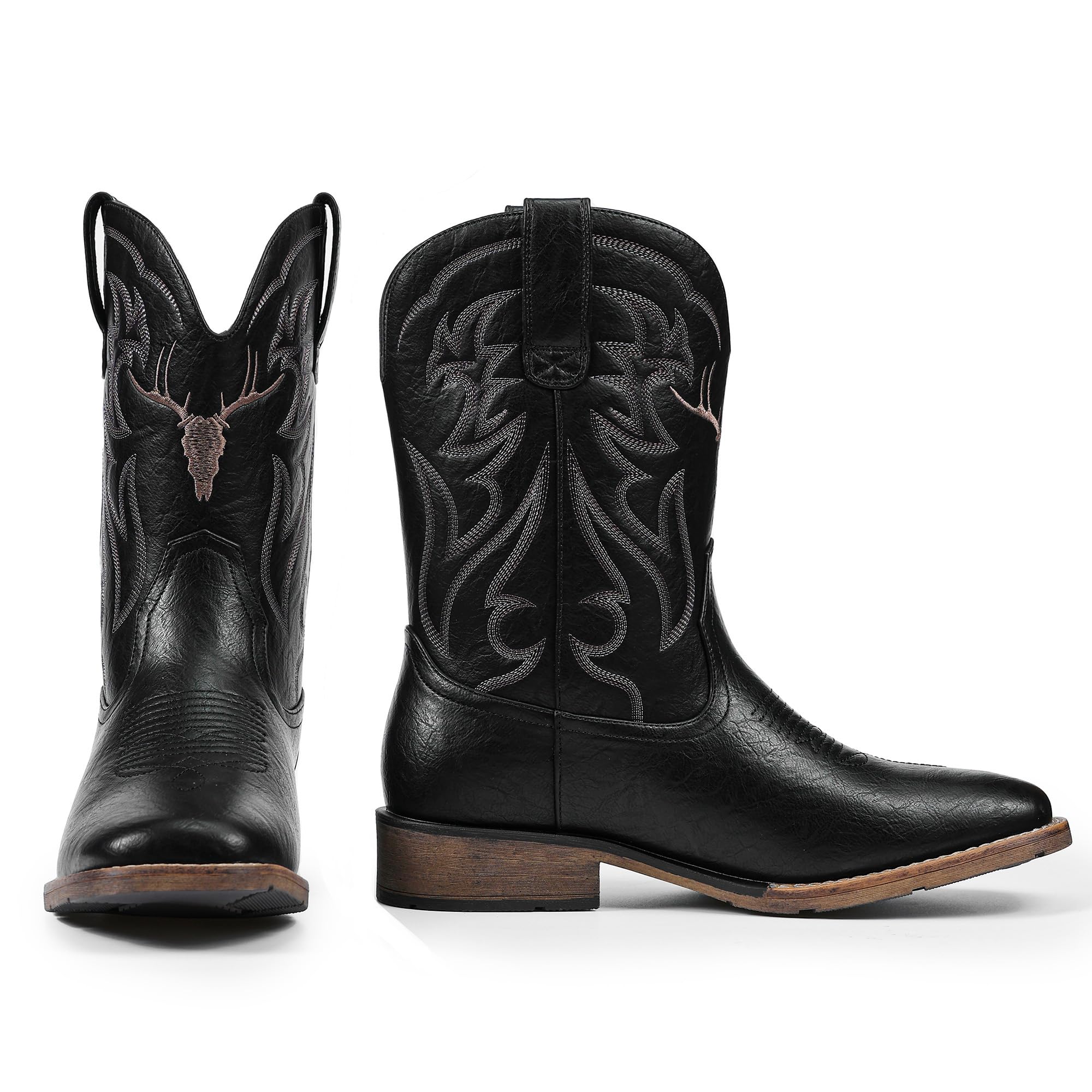 Winbird Cowboy Boots for Men Square Toe Western Boots Retro Classic Embroidered Pull On Boot for Festivals and Gift-giving