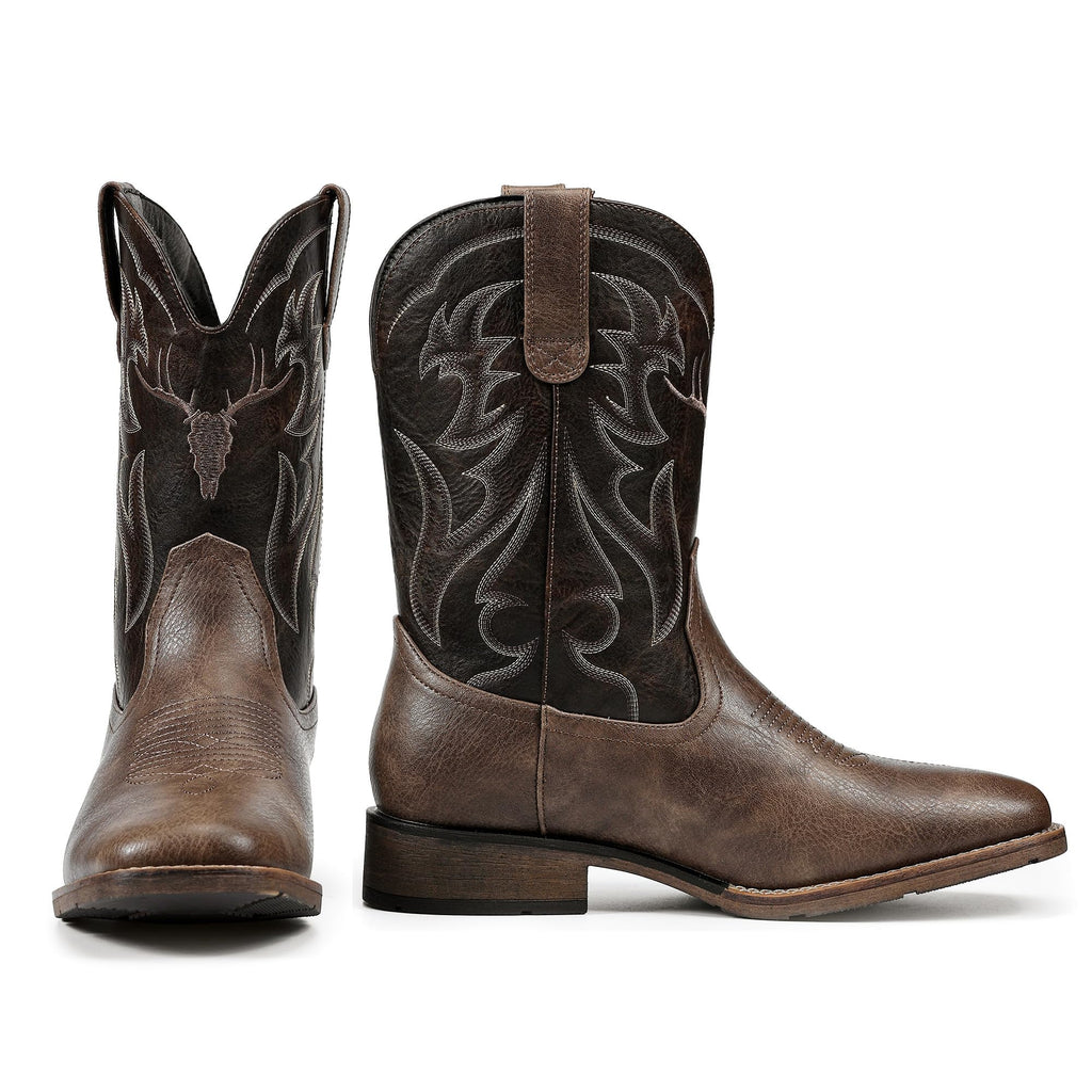 Winbird Cowboy Boots for Men Square Toe Western Boots Retro Classic Embroidered Pull On Boot for Festivals and Gift-giving