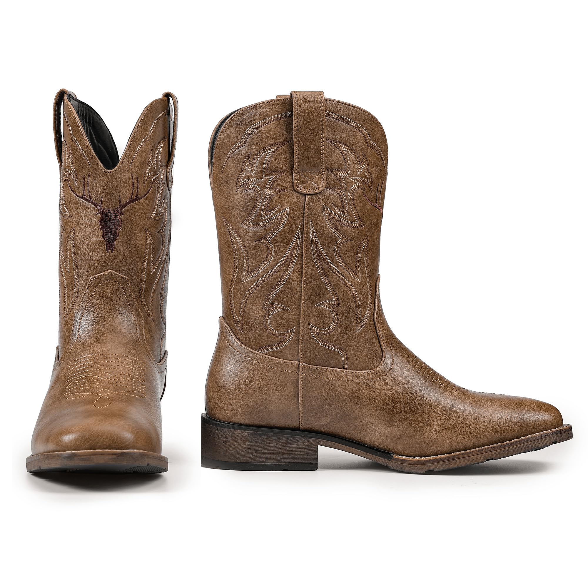 Winbird Cowboy Boots for Men Square Toe Western Boots Retro Classic Embroidered Pull On Boot for Festivals and Gift-giving