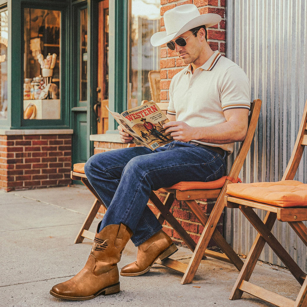 Winbird Cowboy Boots For Men Square Toe Western Men's Boots Vegan/Genuine Leather with Classic Patriot Pull On Boot
