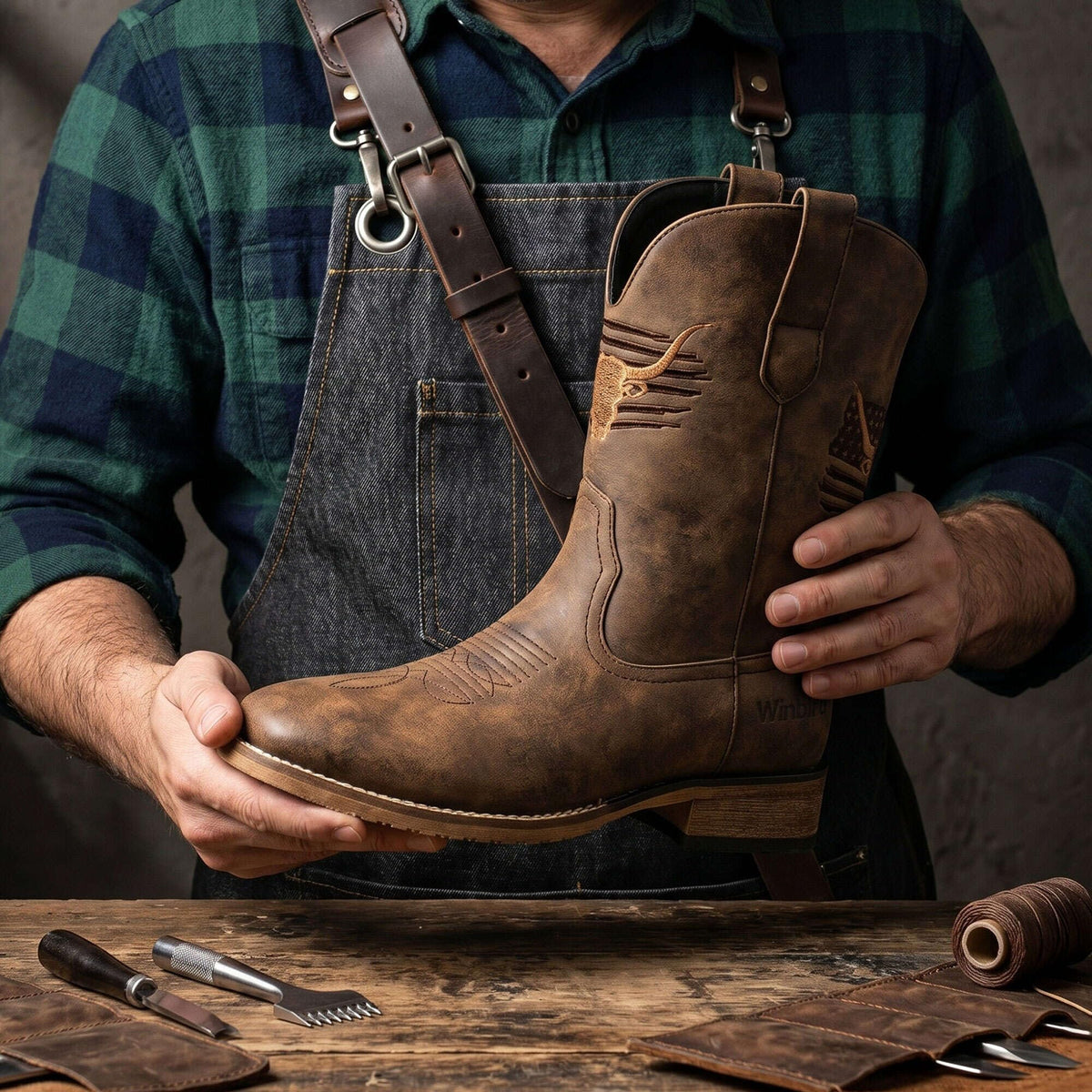 Winbird Cowboy Boots For Men Square Toe Western Men's Boots Vegan/Genuine Leather with Classic Patriot Pull On Boot