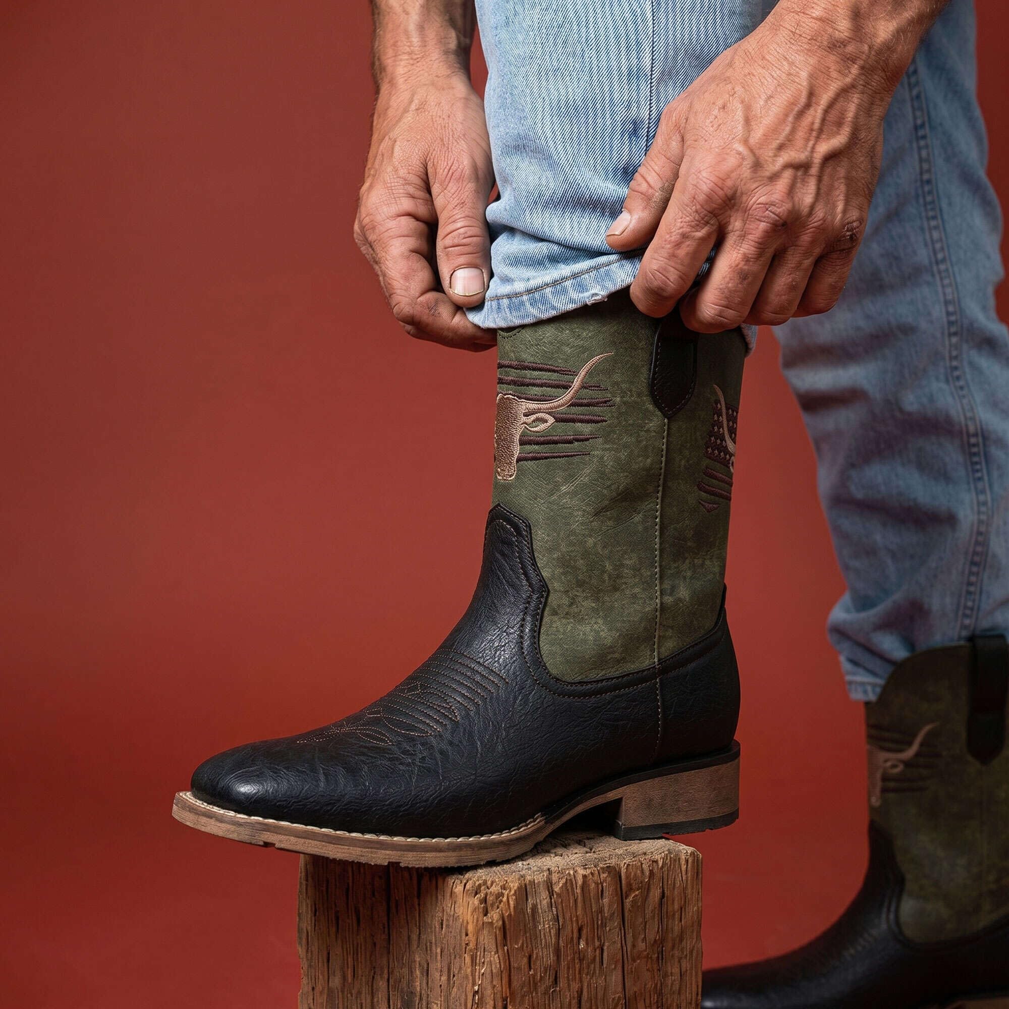 Winbird Cowboy Boots For Men Square Toe Western Men's Boots Vegan/Genuine Leather with Classic Patriot Pull On Boot