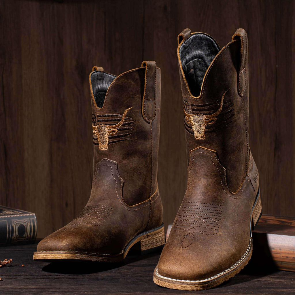 Winbird Cowboy Boots For Men Square Toe Western Men's Boots Vegan/Genuine Leather with Classic Patriot Pull On Boot
