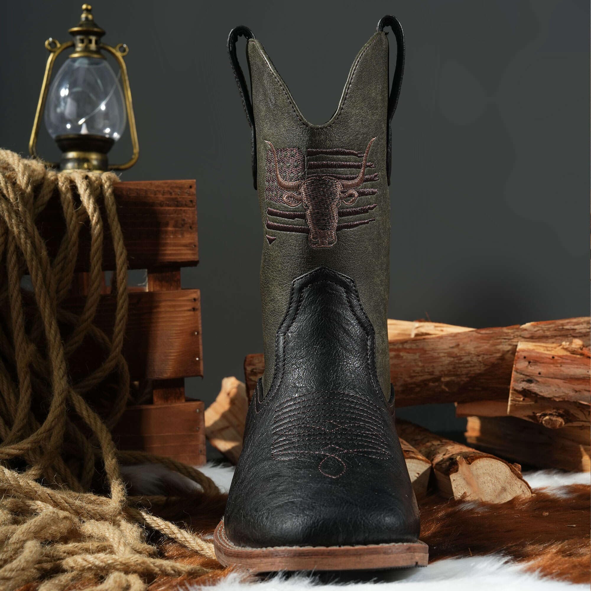 Winbird Cowboy Boots For Men Square Toe Western Men's Boots Vegan/Genuine Leather with Classic Patriot Pull On Boot
