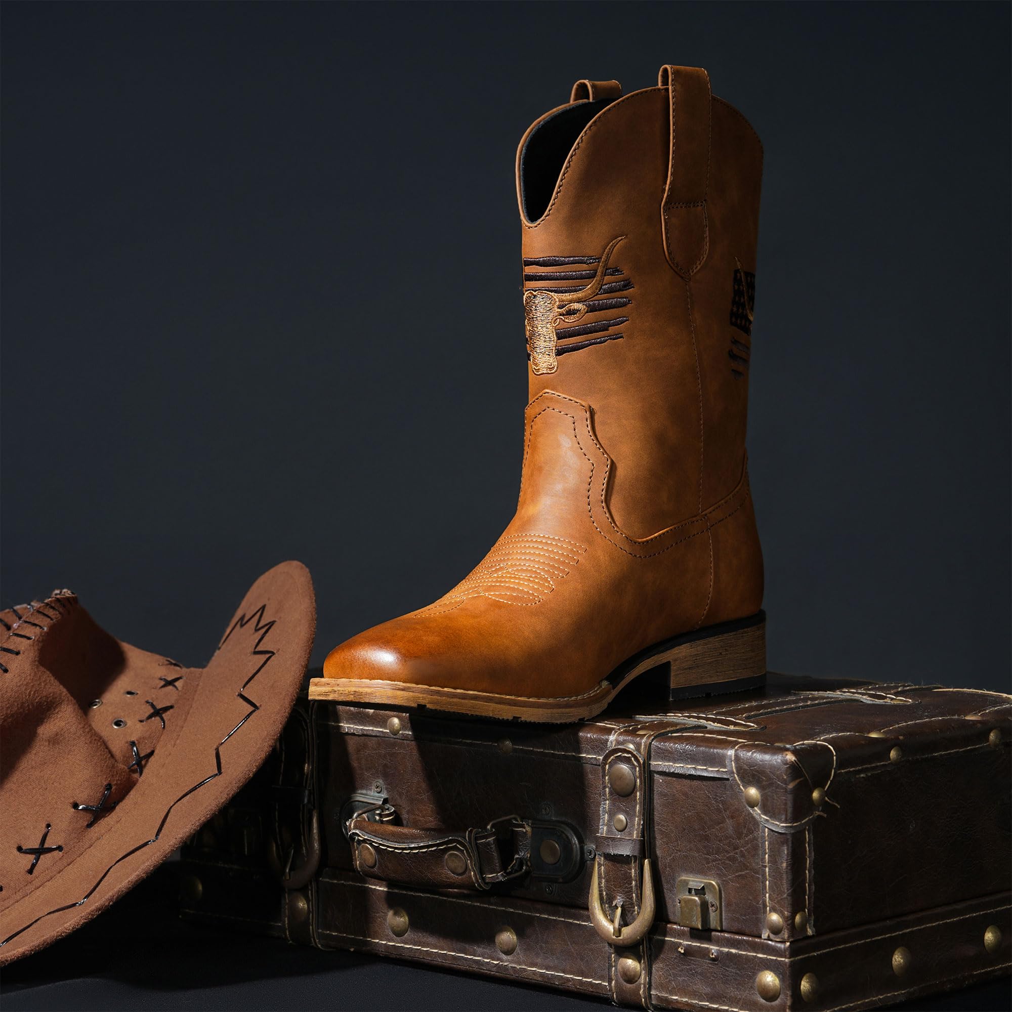 Winbird Cowboy Boots For Men Square Toe Western Men's Boots Vegan/Genuine Leather with Classic Patriot Pull On Boot