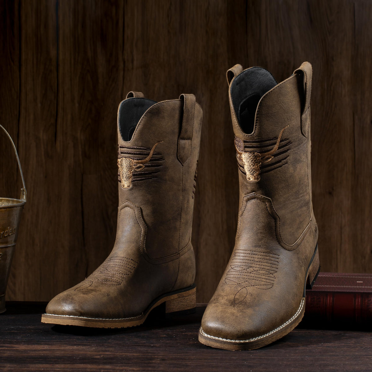 Winbird Cowboy Boots For Men Square Toe Western Men's Boots Vegan/Genuine Leather with Classic Patriot Pull On Boot