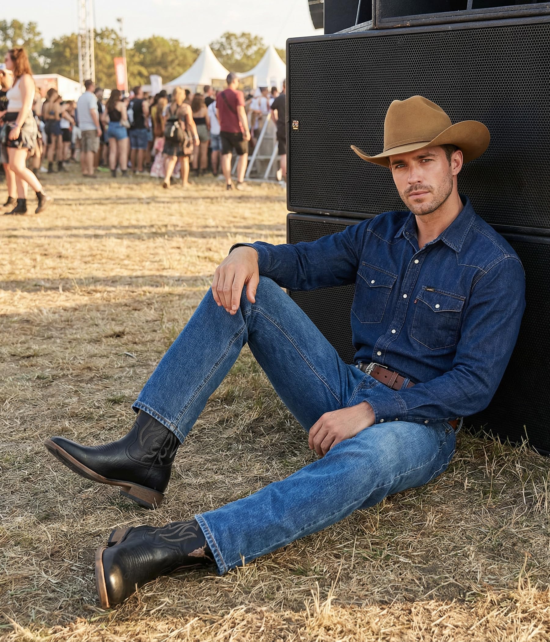 Winbird Cowboy Boots for Men Square Toe Western Boots Retro Classic Embroidered Pull On Boot for Festivals and Gift-giving
